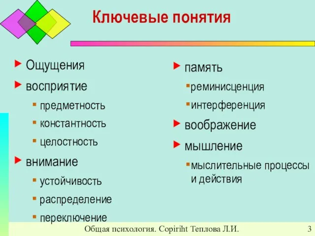 Общая психология. Copiriht Теплова Л.И. Ключевые понятия Ощущения восприятие предметность константность целостность