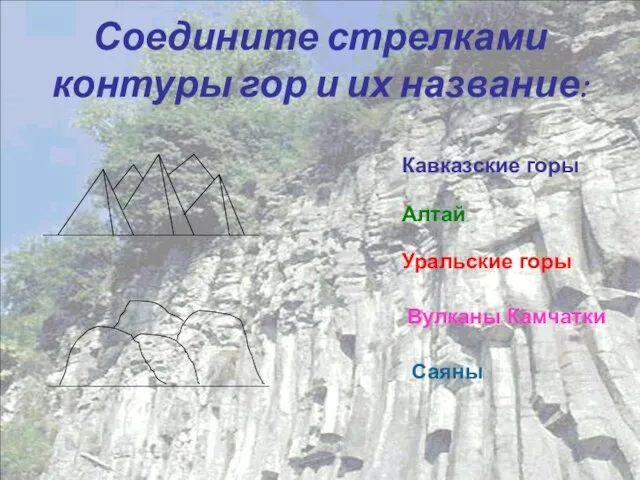 Соедините стрелками контуры гор и их название: Уральские горы Кавказские горы Саяны Алтай Вулканы Камчатки