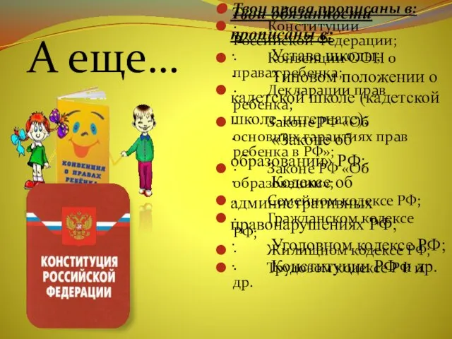 Твои права прописаны в: · Конституции Российской Федерации; · Конвенции ООН о