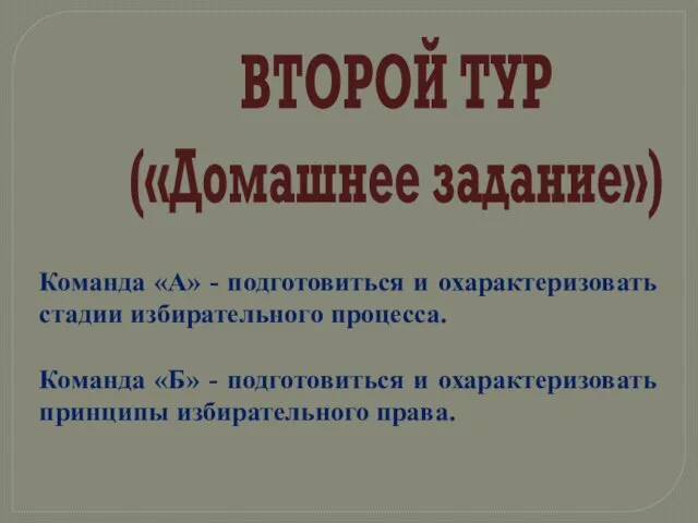 ВТОРОЙ ТУР («Домашнее задание») Команда «А» - подготовиться и охарактеризовать стадии избирательного