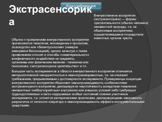 Классификация Экстрасенсорика Внечувственное восприятие (экстрасенсо́рика) — формы чувствительности (обычно человека) неизвестной природы,