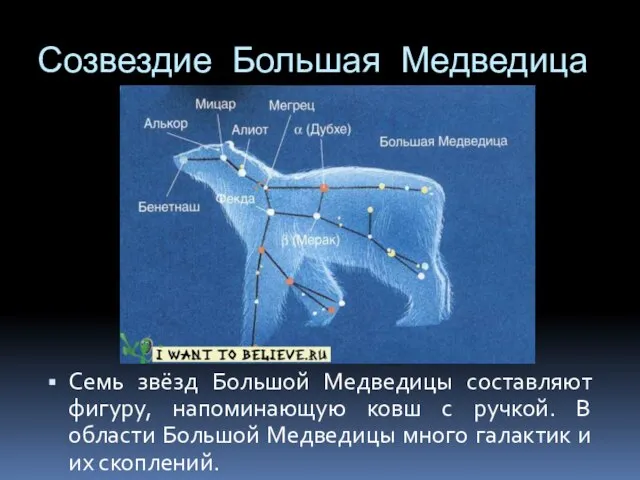 Созвездие Большая Медведица Семь звёзд Большой Медведицы составляют фигуру, напоминающую ковш с