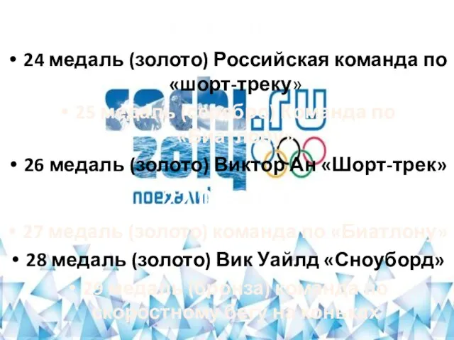 21.02.2014 24 медаль (золото) Российская команда по «шорт-треку» 25 медаль (серебро) Команда