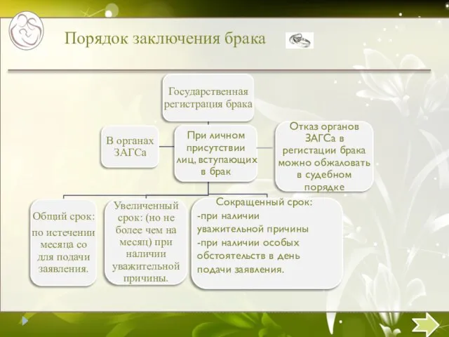 Порядок заключения брака Сокращенный срок: -при наличии уважительной причины -при наличии особых