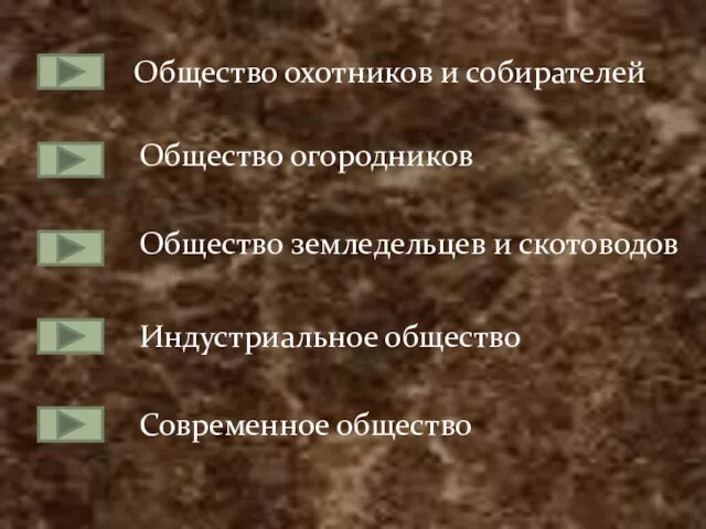 Общество охотников и собирателей Общество огородников Общество земледельцев и скотоводов Индустриальное общество Современное общество