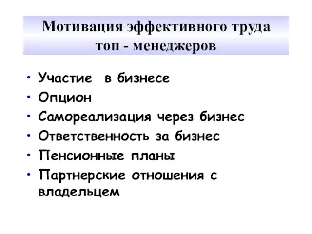 Мотивация эффективного труда топ - менеджеров Участие в бизнесе Опцион Самореализация через