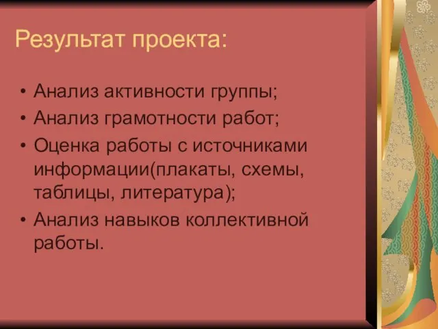 Результат проекта: Анализ активности группы; Анализ грамотности работ; Оценка работы с источниками