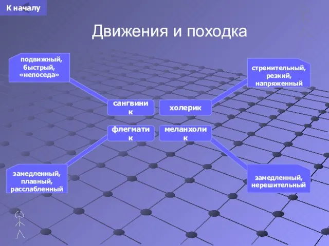 Движения и походка сангвиник холерик флегматик меланхолик стремительный, резкий, напряженный подвижный, быстрый,