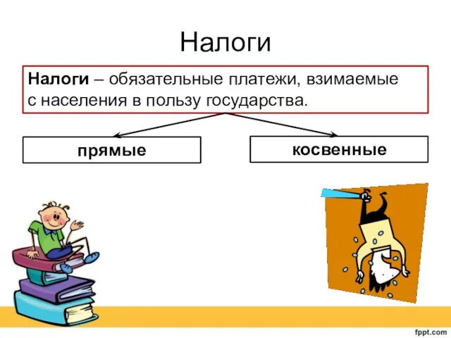 Налоги Налоги – обязательные платежи, взимаемые с населения в пользу государства. прямые косвенные