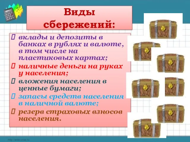 Виды сбережений: вклады и депозиты в банках в рублях и валюте, в