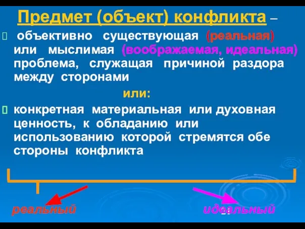 Предмет (объект) конфликта – объективно существующая (реальная) или мыслимая (воображаемая, идеальная) проблема,