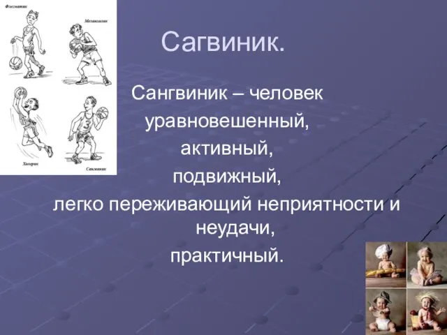 Сагвиник. Сангвиник – человек уравновешенный, активный, подвижный, легко переживающий неприятности и неудачи, практичный.