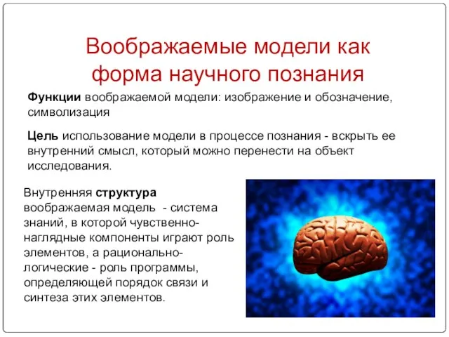 Воображаемые модели как форма научного познания Функции воображаемой модели: изображение и обозначение,