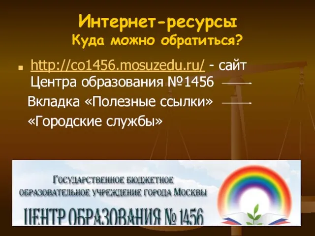 http://co1456.mosuzedu.ru/ - сайт Центра образования №1456 Вкладка «Полезные ссылки» «Городские службы» Интернет-ресурсы Куда можно обратиться?