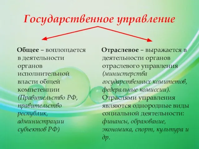 Государственное управление Общее – воплощается в деятельности органов исполнительной власти общей компетенции