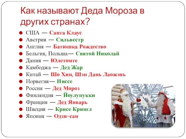 Как называют Деда Мороза в других странах? США — Санта Клаус Австрия