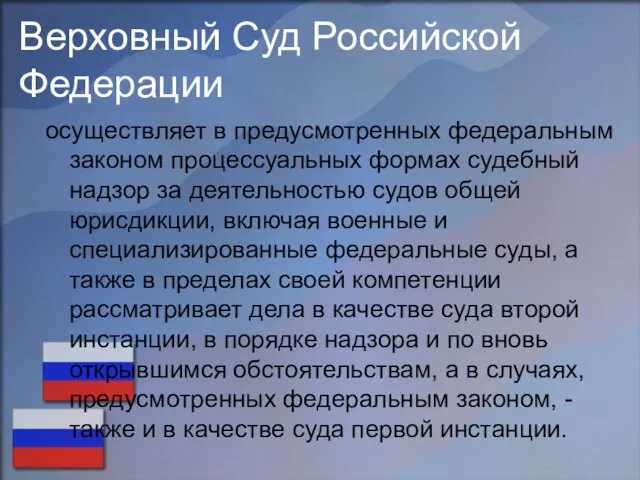 Верховный Суд Российской Федерации осуществляет в предусмотренных федеральным законом процессуальных формах судебный