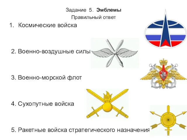 Задание 5. Эмблемы Правильный ответ Космические войска 2. Военно-воздушные силы 3. Военно-морской