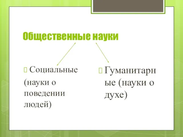 Общественные науки Социальные (науки о поведении людей) Гуманитарные (науки о духе)