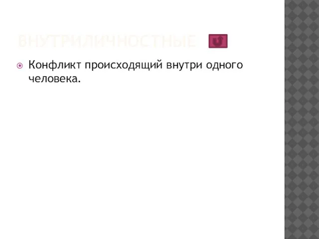 Внутриличностные Конфликт происходящий внутри одного человека.