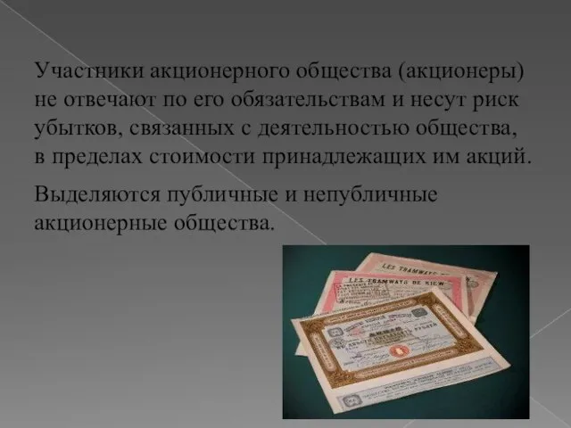 Участники акционерного общества (акционеры) не отвечают по его обязательствам и несут риск