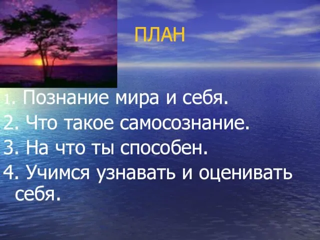 ПЛАН 1. Познание мира и себя. 2. Что такое самосознание. 3. На