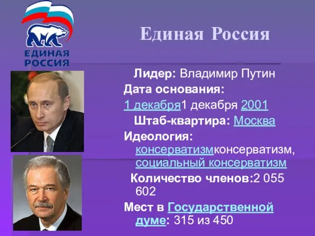 Единая Россия Лидер: Владимир Путин Дата основания: 1 декабря1 декабря 2001 Штаб-квартира: