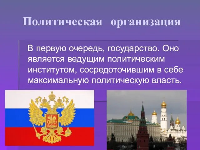 Политическая организация В первую очередь, государство. Оно является ведущим политическим институтом, сосредоточившим