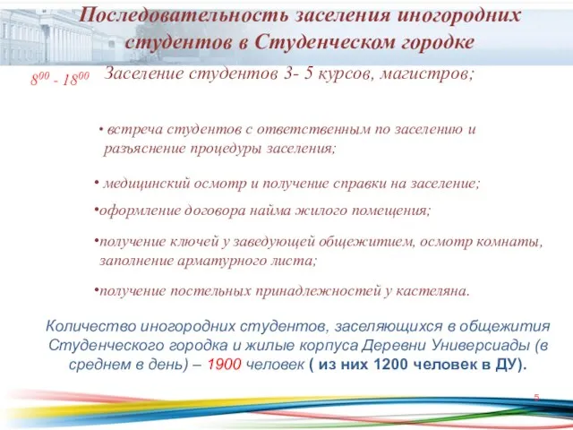 Количество иногородних студентов, заселяющихся в общежития Студенческого городка и жилые корпуса Деревни