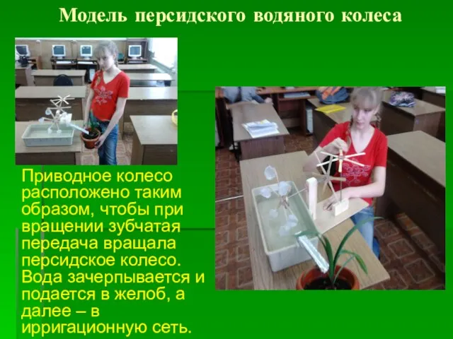 Модель персидского водяного колеса Приводное колесо расположено таким образом, чтобы при вращении