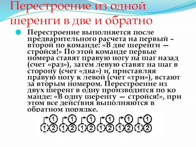 Перестроение из одной шеренги в две и обратно Перестроение выполняется после предварительного