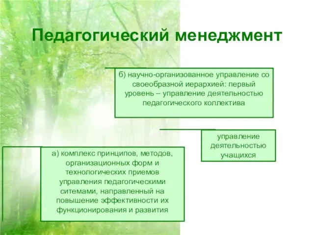 Педагогический менеджмент а) комплекс принципов, методов, организационных форм и технологических приемов управления