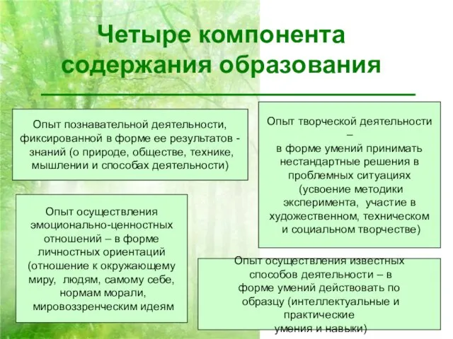 Четыре компонента содержания образования Опыт познавательной деятельности, фиксированной в форме ее результатов