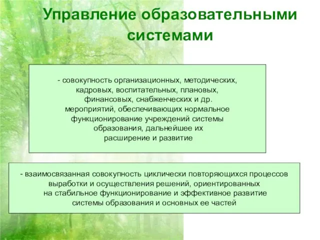 Управление образовательными системами - совокупность организационных, методических, кадровых, воспитательных, плановых, финансовых, снабженческих