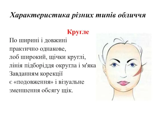 Характеристика різних типів обличчя Кругле По ширині і довжині практично однакове, лоб