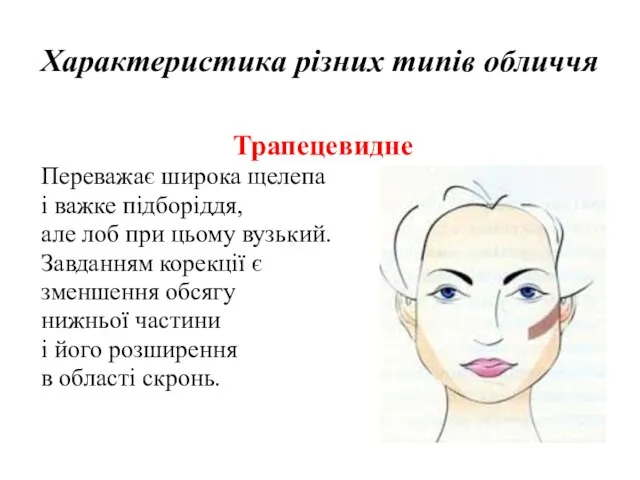 Характеристика різних типів обличчя Трапецевидне Переважає широка щелепа і важке підборіддя, але