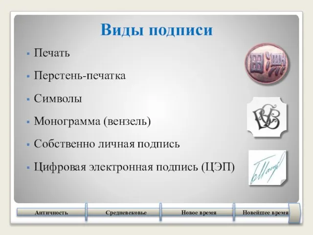 Печать Перстень-печатка Символы Монограмма (вензель) Собственно личная подпись Цифровая электронная подпись (ЦЭП) Виды подписи