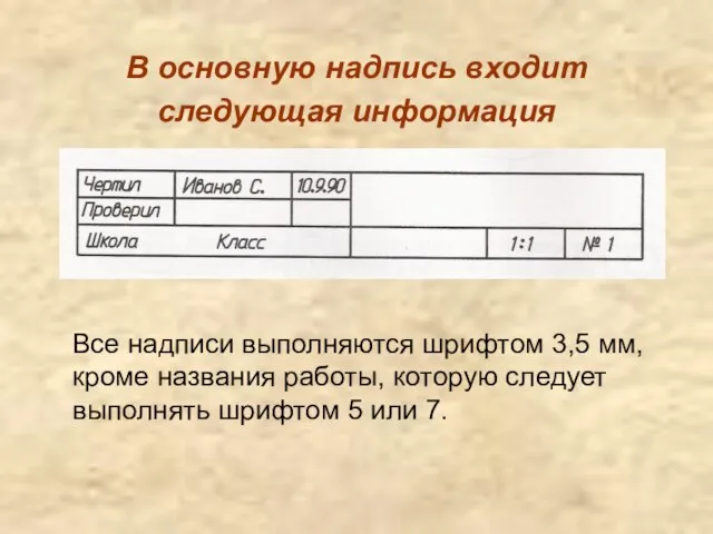 В основную надпись входит следующая информация Все надписи выполняются шрифтом 3,5 мм,