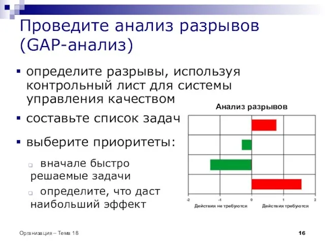 Проведите анализ разрывов (GAP-анализ) Организация – Тема 18 Анализ разрывов определите разрывы,