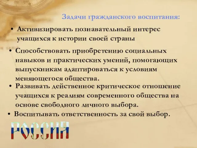 Активизировать познавательный интерес учащихся к истории своей страны Задачи гражданского воспитания: Способствовать