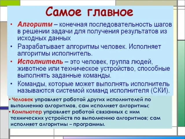 Человек управляет работой других исполнителей по выполнению алгоритмов, сам исполняет алгоритмы; Компьютер