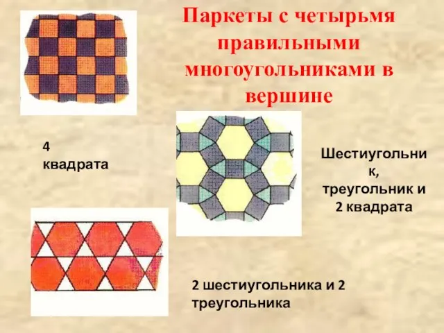 Паркеты с четырьмя правильными многоугольниками в вершине 4 квадрата Шестиугольник, треугольник и