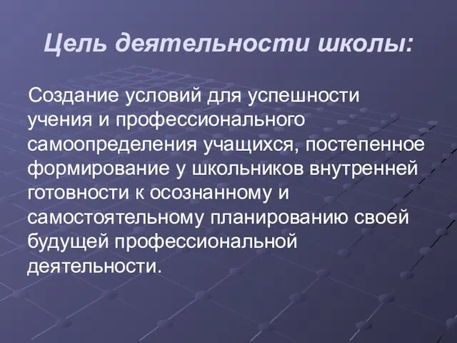 Цель деятельности школы: Создание условий для успешности учения и профессионального самоопределения учащихся,