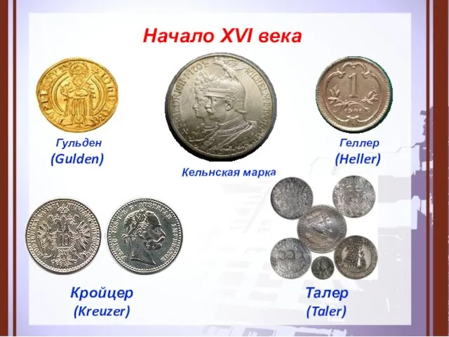 Начало XVI века Кельнская марка Гульден (Gulden) Талер (Taler) Кройцер (Kreuzer) Геллер (Heller)