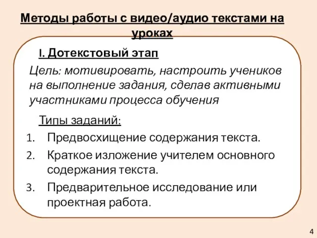 I. Дотекстовый этап Цель: мотивировать, настроить учеников на выполнение задания, сделав активными