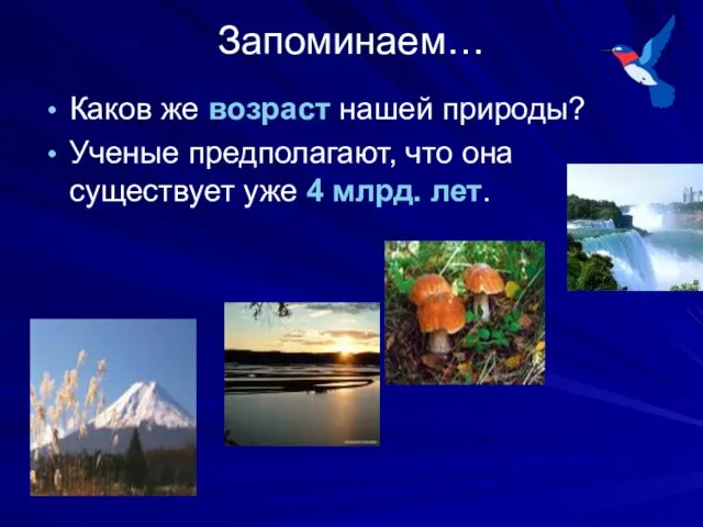 Запоминаем… Каков же возраст нашей природы? Ученые предполагают, что она существует уже 4 млрд. лет.