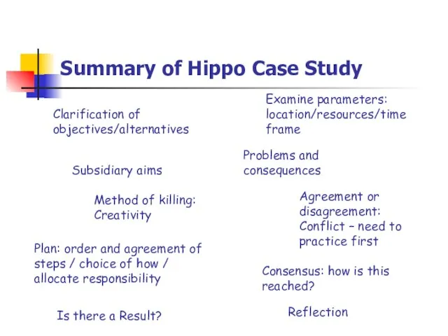 Summary of Hippo Case Study Examine parameters: location/resources/time frame Clarification of objectives/alternatives
