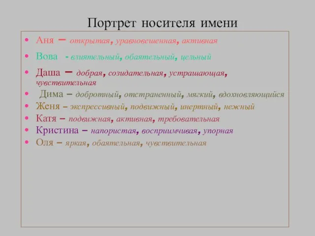 Портрет носителя имени Аня – открытая, уравновешенная, активная Вова - влиятельный, обаятельный,