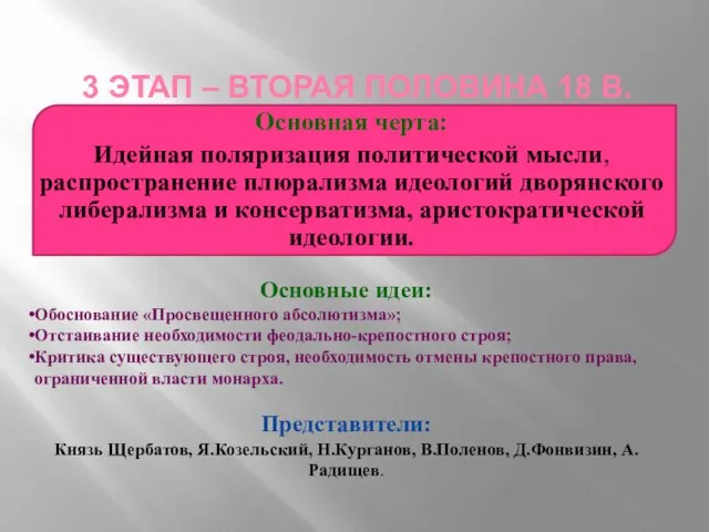 3 этап – вторая половина 18 в. Основная черта: Идейная поляризация политической