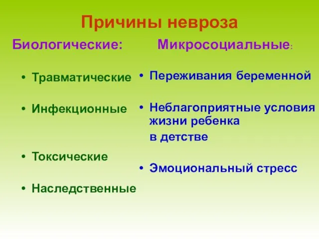 Причины невроза Травматические Инфекционные Токсические Наследственные Переживания беременной Неблагоприятные условия жизни ребенка